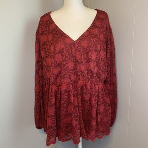 Maurices Woman’s 3X Red Lined Lace Gathered Waist Long Sleeve Blouse